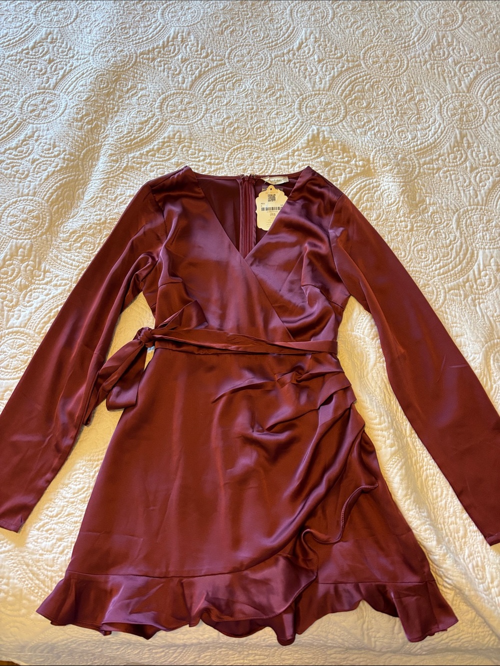 Altar'd State Burgundy Satin Wrap Dress with Ruffle Hem